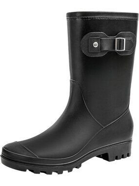 Women's Black Waterproof Comfortable Buckle On Side Garden Mid Calf Rain boots